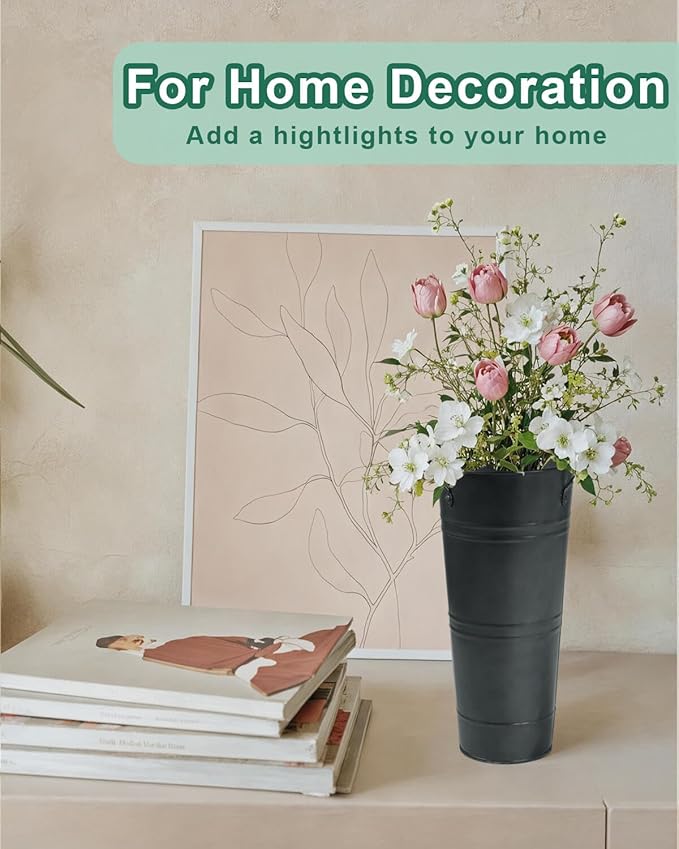 9 Inch Galvanized Metal Vases for Flowers - 6 Pcs Farmhouse Decorative Tall Flower Bucket with Handles, Rustic French Tin Planter Buckets for Wedding Decor (Galvanized Black)