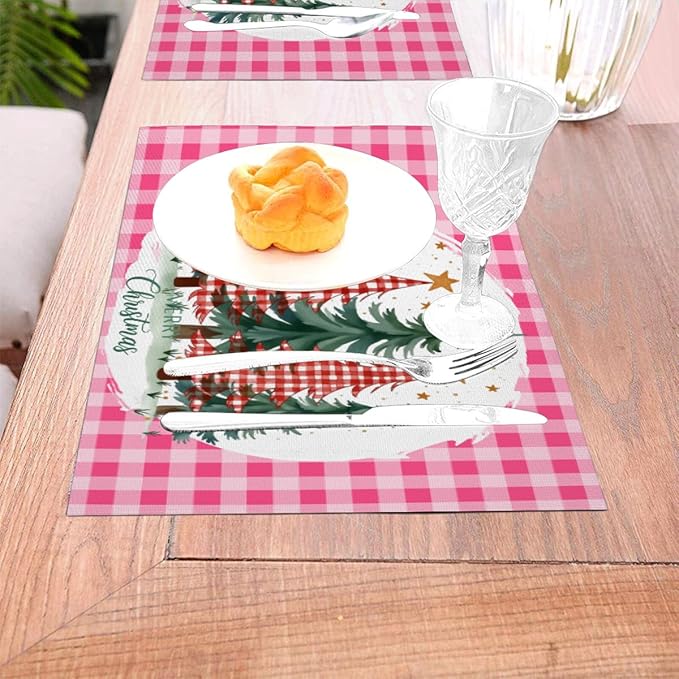 PVC Placemats Set of 6 Wipeable Table Mats Washable Heat Resistant Non Slip Vinyl Dining Table Mat for Kitchen Indoor Outdoor Patio Farmhouse Place Mats Pink Grid Christmas Tree Decorative