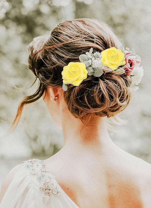 IPOPU Artificial Glitter Roses,25pcs Yellow Roses Glitter Flowers Fake Rose with Stem for DIY Wedding Bridal Bouquet Home Party Decoration(Yellow)