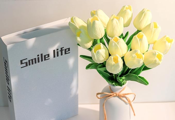 SITUMEIZI 15pcs Fake Tulips Artificial Flowers Real Touch Beige 14" Silk Flower for Home Kitchen Decor Spring Easter Wedding Bouquet Decorations Office Floral Arrangements