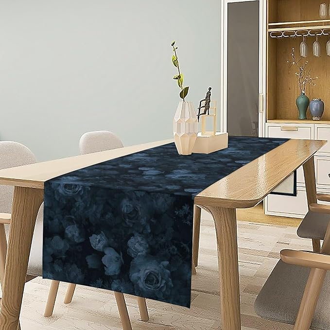 Gothic Table Runner, Dark Navy Blue Rose Vintage Garden Flowers Herbs Print Table Cover for Home Holiday Party Indoor Outdoor Decor, 13x60inch