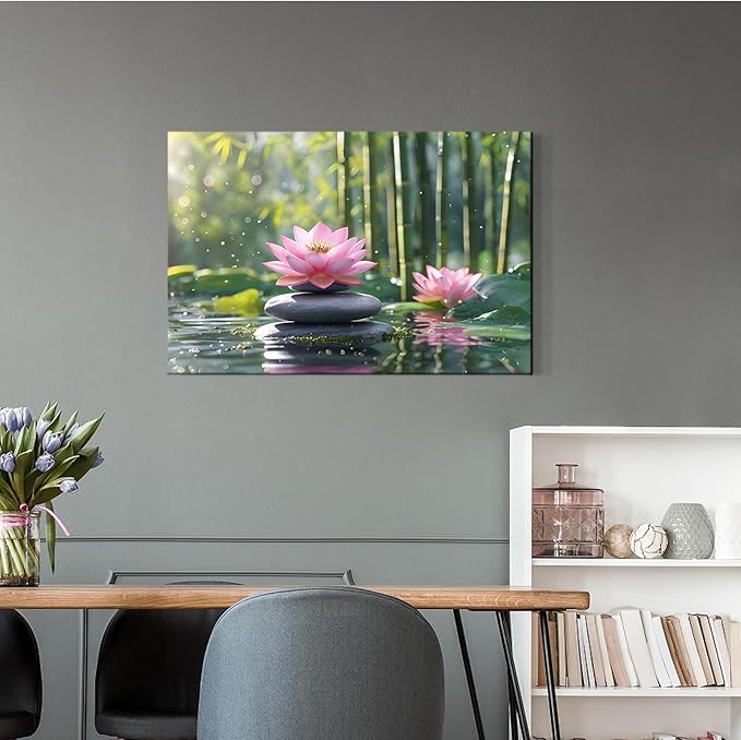Ethereal pink lotus on obsidian Sunlit bamboo forest with sparkling water drops Poetic nature inspired wall art for tranquil homes and mindful spaces 20x30in Frameless