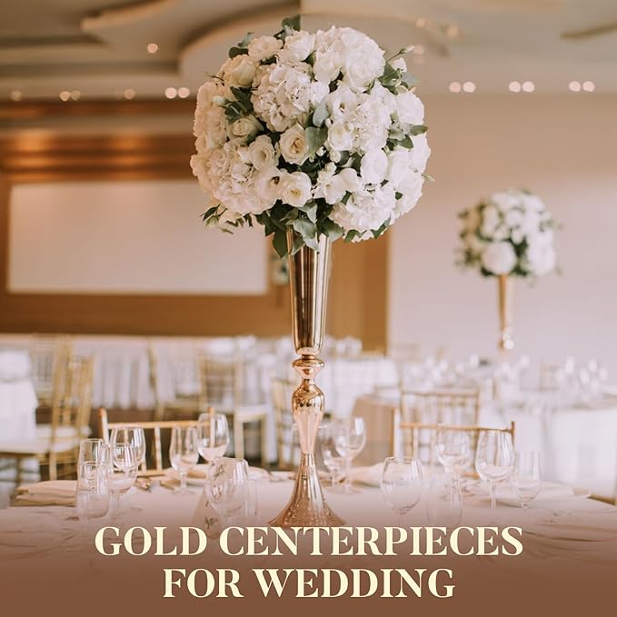 12 Pcs Tall Gold Trumpet Vases for Centerpieces & Wedding Tables - 21.65" Tall Gold Flower Vase Set with Weighted Base, Metal Trumpet Centerpieces for Tables (Bases para Centros de Mesa)