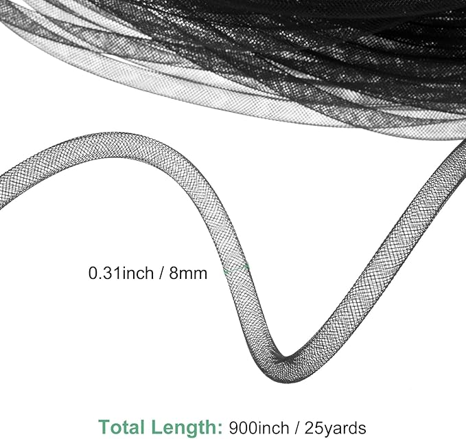 Mesh Tube Ribbon 25 Yards, 8mm Elastic Fabric Ribbons Mesh Tubing for Crafts/Gift Wrapping/Flower Bouquets/Wedding/Birthday/Holiday/Wreaths Christmas/Decoration[Black]