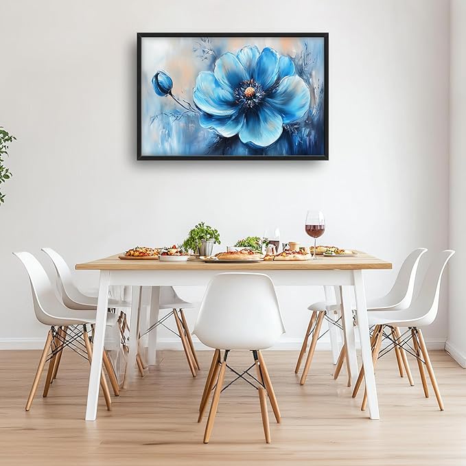 Extra Large Abstract Blue Flower Framed Wall Art for Living Room,Oversized Elegant Floral Pictures Wall Decor,Canvas Print Painting Modern Artwork Bedroom Office Bathroom 36L x 24W
