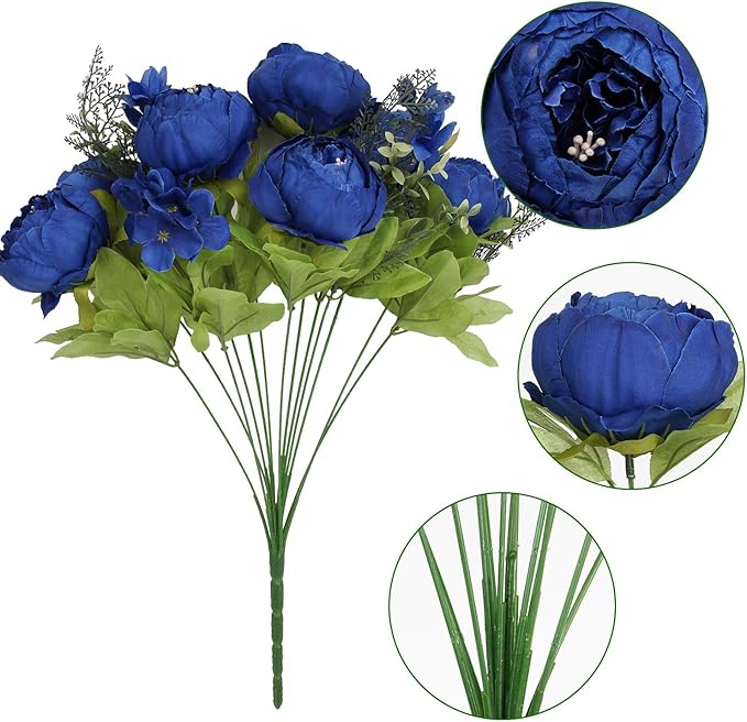 Flojery Silk Peony Bouquet Vintage Artificial Peonies Flower for Home Wedding Party Decor (1pcs, Royal Blue)