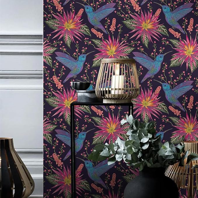 Abstract Black Pink Hummingbird Floral Peel and Stick Wallpaper Easy Peel Off Contact Paper Stick on Adhesive Wall Paper for Bathroom Waterproof Renter Friendly