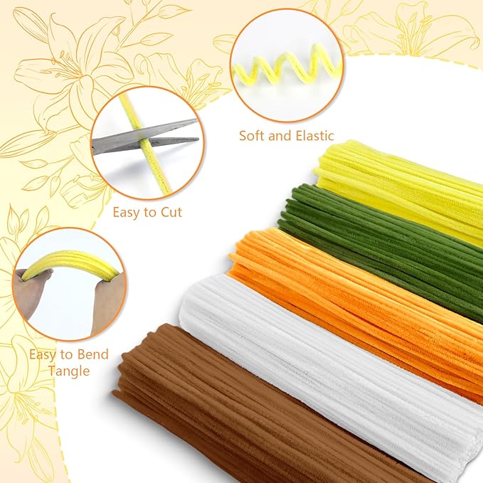 400 Pcs Pipe Cleaners Craft,5 Assorted Colors Pipe Cleaners Bulk, Chenille Stems for DIY Flower Making Kit with Floral Wires, Gardening Tape,Stamen& Ribbon (Sunflowers)