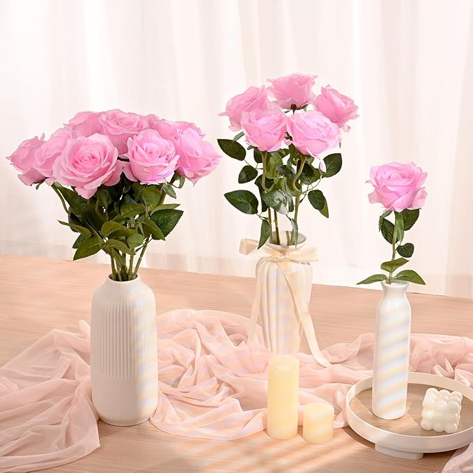 Waipfaru 16 Pcs Valentines Day Flowers, Fake Roses Artificial Flowers with Long Stems, Silk Pink Roses Bouquet for Wedding Vase Mothers Day Flower Arrangement Home Decor (Pink)