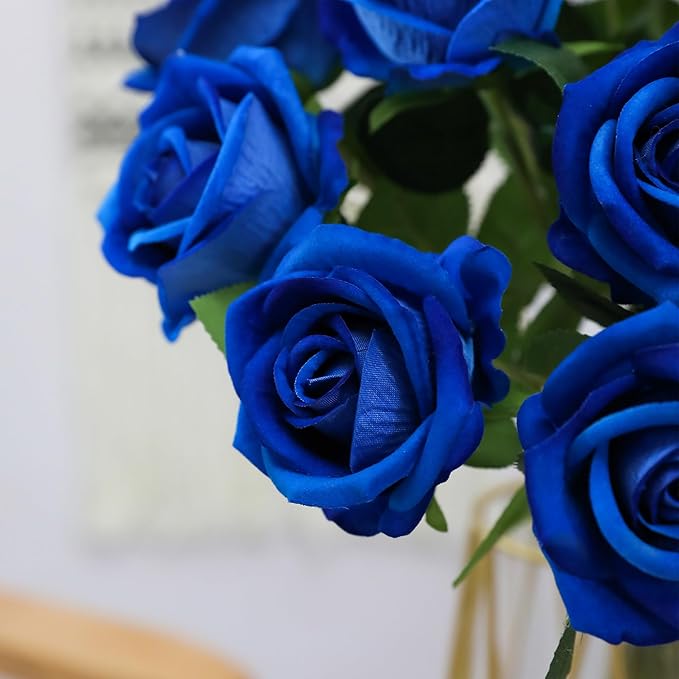 Hawesome Fake Roses Artificial Silk Flowers - 12 Pcs Blue Roses Artificial Faux Flowers with Stems for Home Wedding Centerpiece Hotel Office Decor