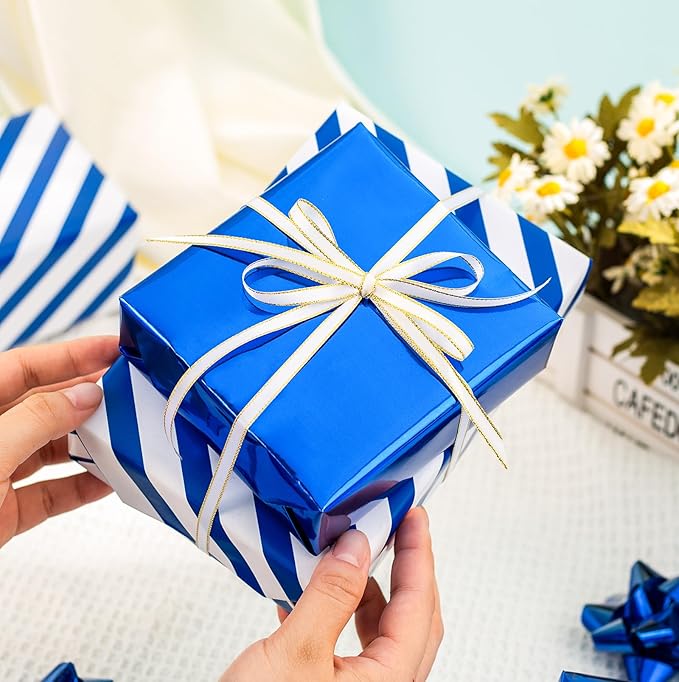 Merture Reversible Royal Blue Wrapping Paper Roll - 17 In X 32.8 Ft(46.5 sq.ft.) Metallic Blue and Stripe Design Gift Wrap for Birthday, Fathers Day, Baby Shower, Gender Reveal Party, Hanukkah