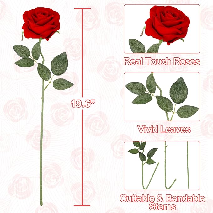 Luyue 10PCS Artificial Roses Flower with Stems Slik Fake Flowers Bouquet Realistic Long Stem Faux Rose for Valentines Day Wedding Home Decor