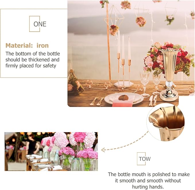 Healifty Metallic Gold Tabletop Trumpet Vase for Wedding Centerpieces Iron Flower Stand for Party Holiday Birthday Decorations Compact Decorative Vase for Floral Arrangements