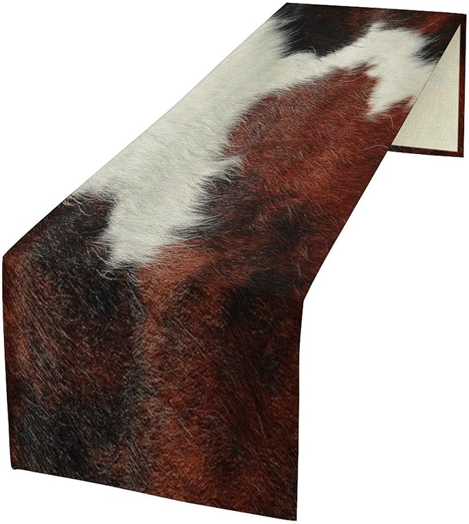 Cow Skin Print Table Runner, Rustic Country Farmhouse Animal Fur Skin Western Farm Black Brown Cowhide Print Dinner Runner Table Decoration for Home Kitchen Dining 13x108in