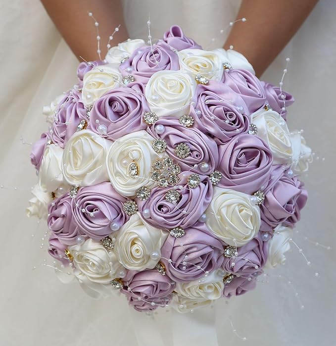 Bridal Wedding Bouquet Round Bling Brooch Bouquet Throw Toss Artificial Rose Flower Bunch for Bride Bridesmaid Wedding Quinceanera(Light Taro Purple & Ivory, 6.3")