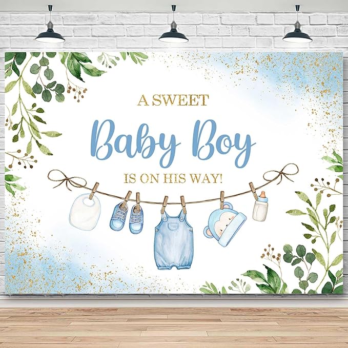 Sensfun Cute Clothes Baby Shower Backdrop for Boys A Sweet Baby Boy is On His Way Banner Greenery Eucalyptus Leaves Welcome Baby Boy Baby Shower Party Decorations Banner Photo Booth Props 8x6ft