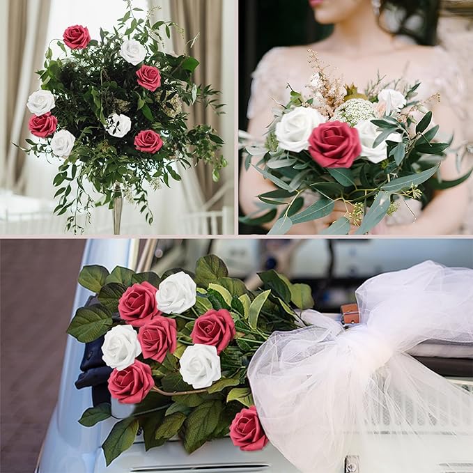 50PCS Artificial Flowers Burgundy and White Roses Real Looking Foam Fake Roses with Leaves for DIY Wedding Bouquets Bridal Shower Party Decorations (Wine red & White, 50)