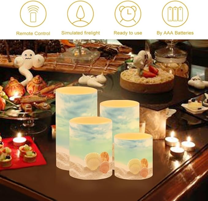 Flameless Candles with Remote Control, Set of 4, Color Changing Flickering Flameless LED Pillar Candles with Battery Operated, Beach Seashell Blue Decor