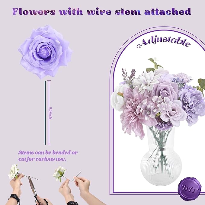 Artificial Flowers Combo Box, Fake Silk Foam Flower Mix with Wire Stem, DIY Wedding Bridal Bouquet Shower Party Home Décor (30-40 Pieces) (Purple)