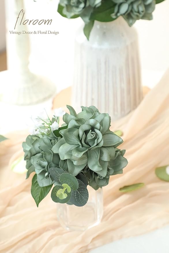 Floroom Artificial Gardenia Flowers 2.7" 25pcs Real Looking Elf Green Foam Fake Flowers with Stems for DIY Wedding Bouquets Bridal Shower Centerpieces Floral Arrangements Party Tables Decorations