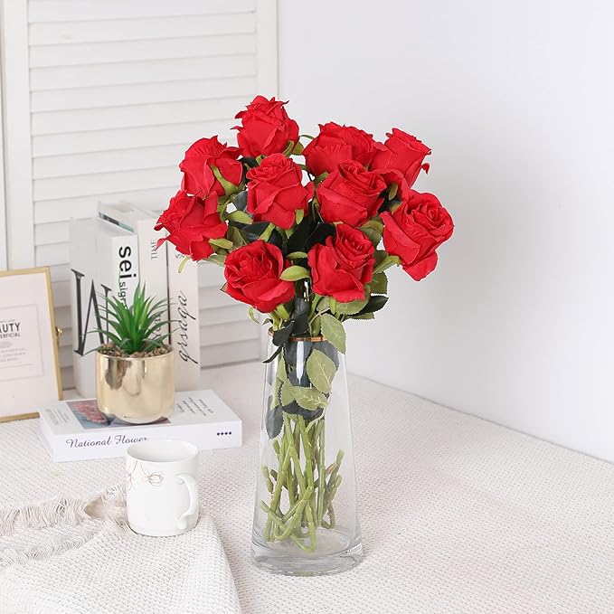 Nubry 8pcs Artificial Silk Roses Bulk,Fake Roses Flower with Stems Realistic Flowers for Wedding Centerpiece Home Party Decor(Dark Red)