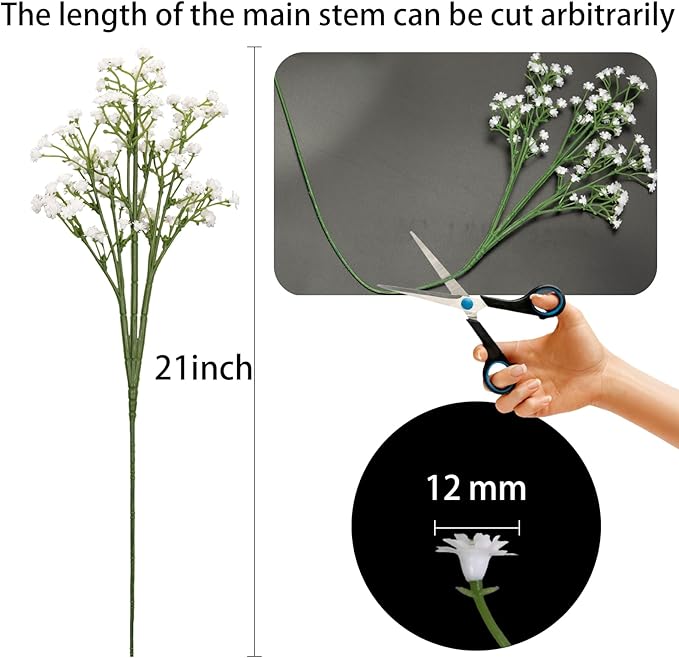 7-Pcs 21” Secure-Stem Realistic Artificial White Babys Breath (Gypsophila) Flowers with No-Shedding Design — Perfect for Wedding Centerpieces, Home Decor & Vase Fillers