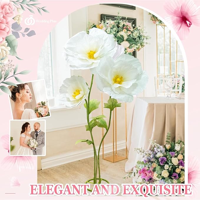 3Pcs Artificial Paper Flower Decoration, Large Fake Flowers with Standing Stems and Base, 3D Lifelike Giant Flower Home Decor, Wedding Background Decorate, Photography Props, Banquet (White)