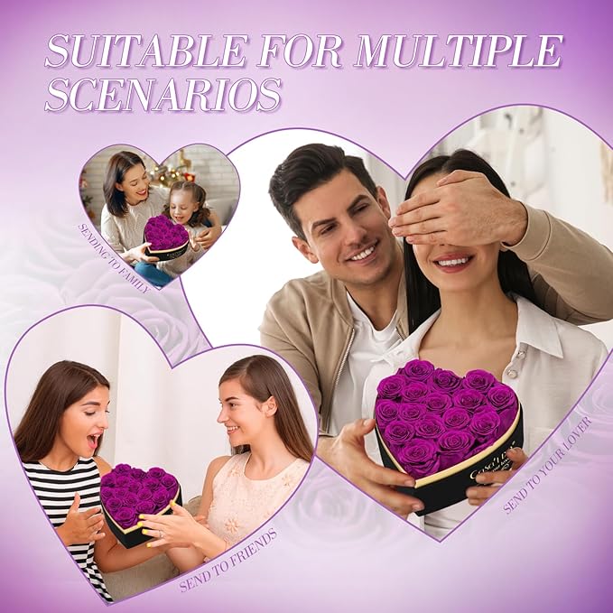 Preserved Roses Flowers for Delivery 16 Pcs, Forever Flores in Heart Box with Necklace, Eternal Rose Anniversary Birthday Gift for Women Wife Girlfriend, Rosas for Valentines Christmas, Purple