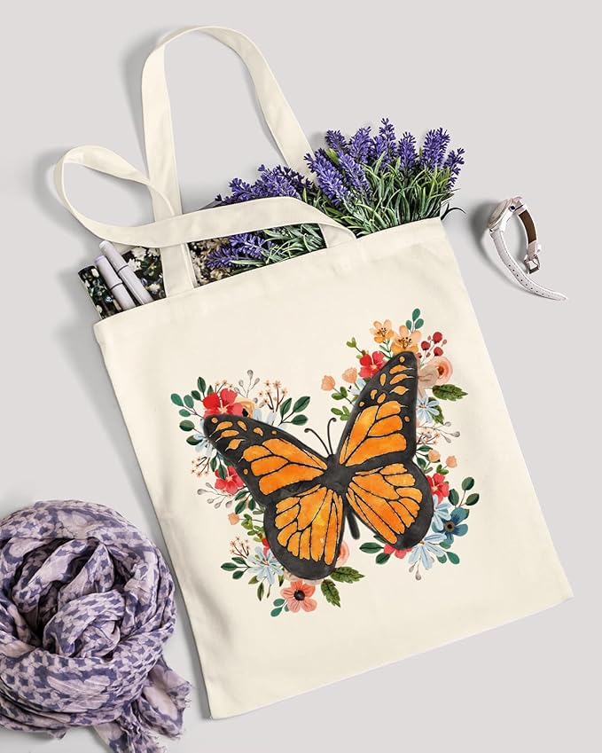 AUSVKAI Cute Canvas Tote Bag Aesthetic for Women Grocery Bag Cotton Shopping Beach Totes Gift-Flower Butterfly