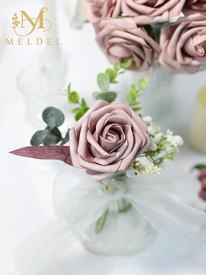Meldel Artificial Flower 25pcs Real Touch Dusty Pink Rose Fake Foam Roses with Stems for DIY Wedding Bouquets Gifts Bridal Shower Faux Floral Centerpieces Arrangements Home Party Tables Decorations