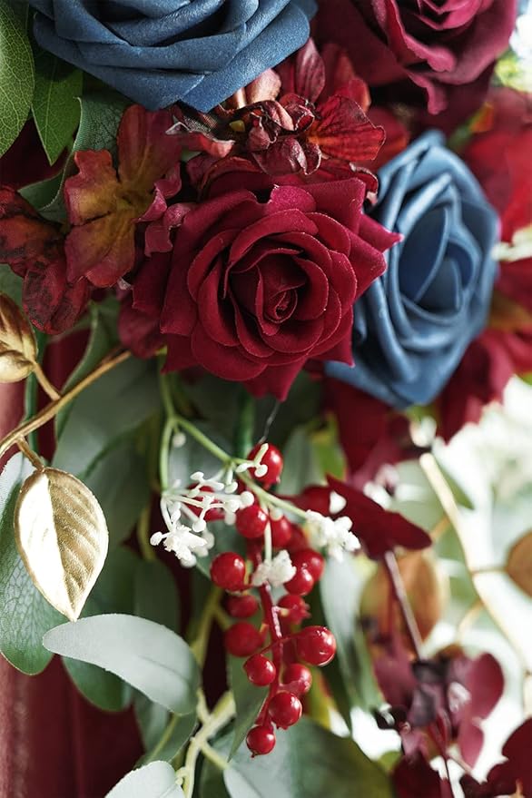 ponatia Artificial Wedding Arch Flowers Kit(Pack of 3), Burgundy Flowers with 26Ft Shiny Arch Draping Fabric, Navy Arch Flowers for Wedding Decoration, Wedding Ceremony Reception Backdrop Decorations