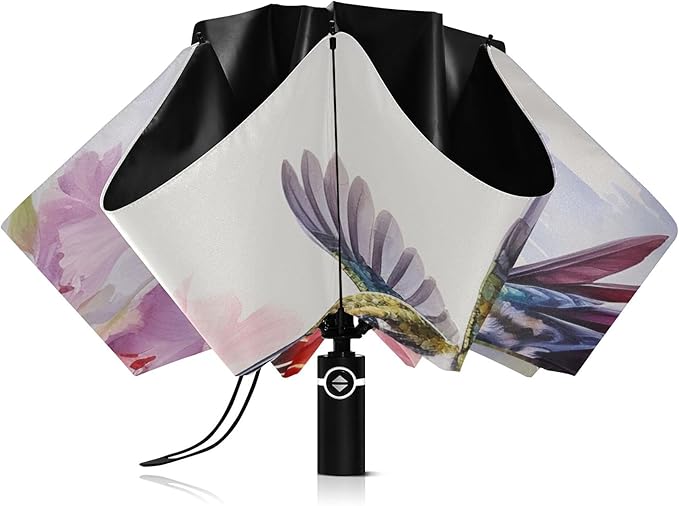 Automatic Folding Umbrella Windproof Strong, UV Protection Compact Floral Hydrangea Hummingbird Sun Rain Sun Rain Travel Umbrellas for Women Men