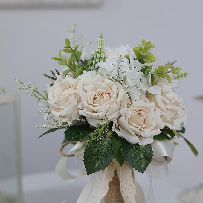 Wedding Bouquets Large for Bride Bridesmaid,White Champagne Artificial Roses Flowers for Wedding Church Decoration (9.5in)