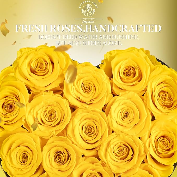 16-Piece Forever Flowers Heart Shape Box - Preserved Roses, Birthday Gifts For Women- Flower Delivery Prime, Valentines, Anniversary, Wedding Gifts- Yellow Roses