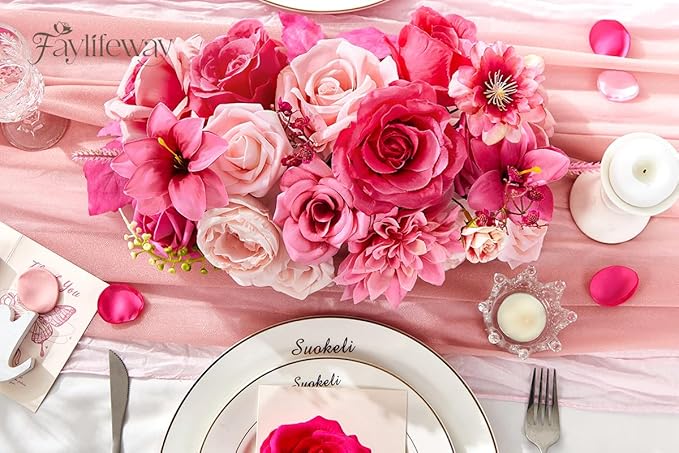 Artificial Flowers, Silk Hot Pink Flowers for DIY Wedding Bridal Bouquets, Fake Cake Flowers for Centerpieces,Baby Shower, Table Arrangement, Home Party Decorations