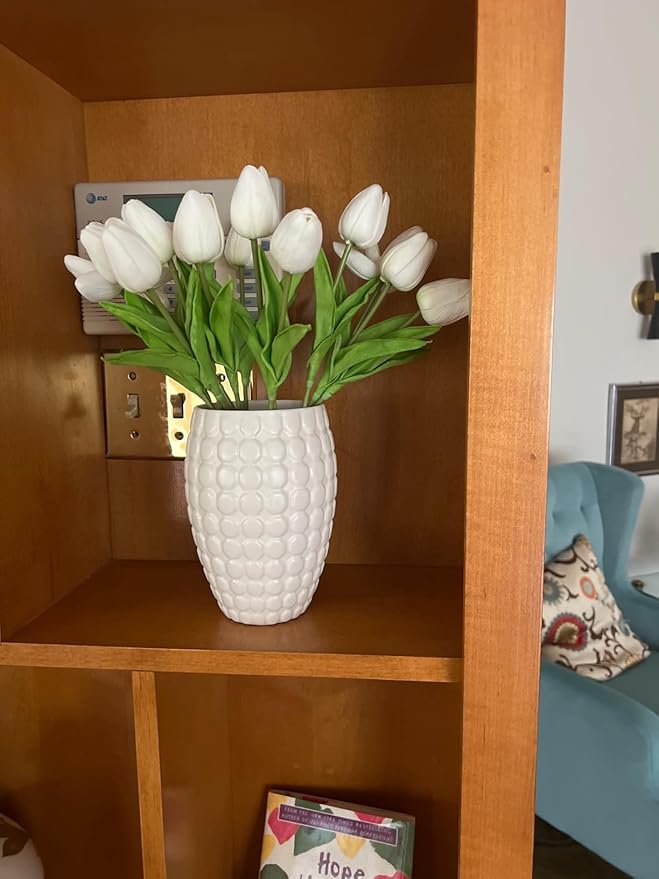 Tulips Artificial Flowers 20 Pcs White Fake Tulip Stems Real Touch PU Tulips for Easter Spring Wedding Bouquet Home Centerpiece Floral Arrangement Table Décor