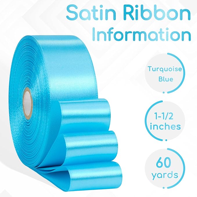 Turquoise Blue Satin Ribbon 1-1/2 Inch 60 Yards, Solid Polyester Fabric Ribbons for Flower Bouquet, Gift Wrapping, Handmade Roses, Crafts, Hair, Wedding