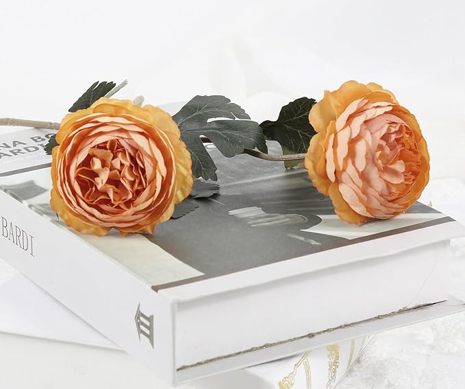 IPOPU 10pcs Orange Peonies Artificial Flowers Real Touch Silk Peonies with Stems Real Look Fake Peony for Home Table Decorations Wedding Faux Flowers Arrangements