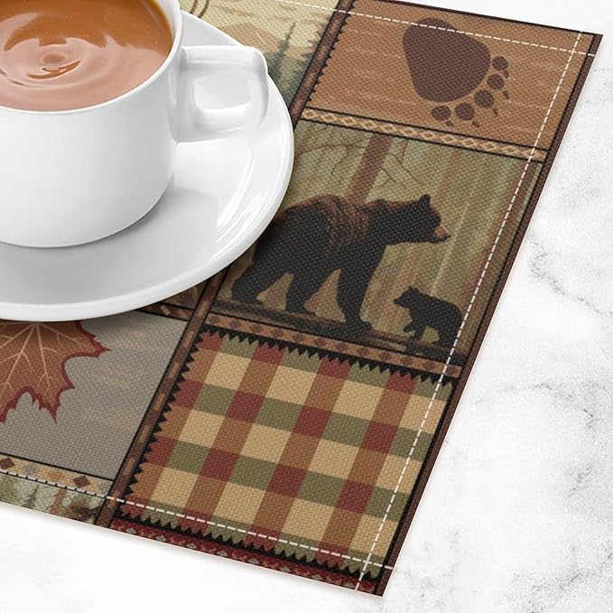 Retro Rustic Lodge Bears Placemats Set of 6, Vintage Cabin Farmhouse Country Style Place Mats, Heat Resistant Non Slip Cotton Linen Dining Table Mats for Home Kitchen 18x12 Inch