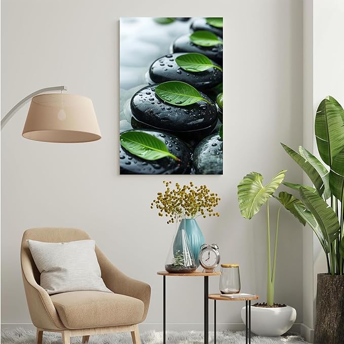 Glittering black stone cluster with fresh green leaves and water drops poster tranquil mist rain wall art zen wall art suitable for modern minimalist home decor 8x12in Frameless