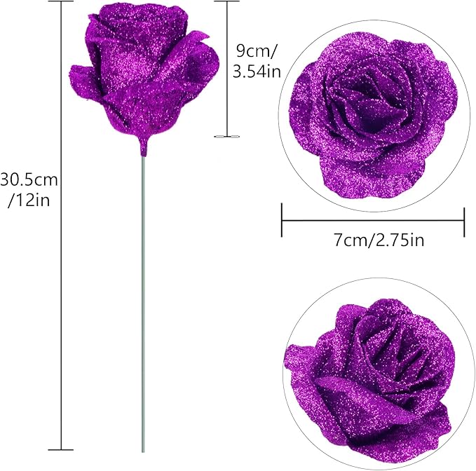 30PCS Purple Glitter Roses Artificial Flowers Faux Roses with Stems for DIY Crafts Wedding Bouquet Party Home Decor(Purple)