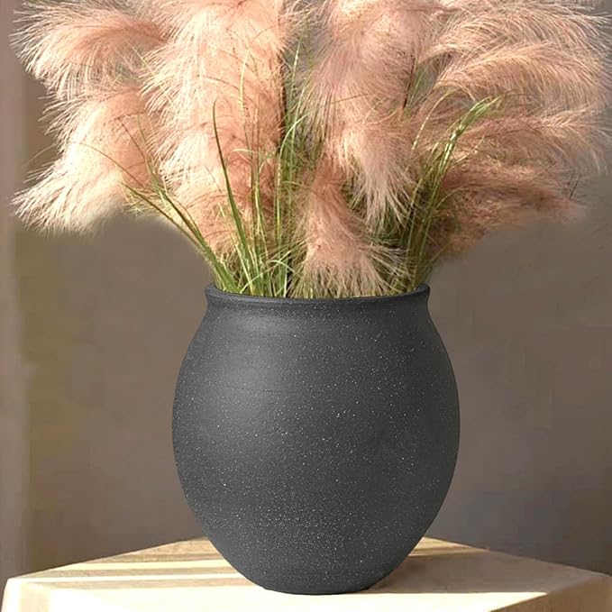 Large Black Ceramic Vase,Wide-mouthed Round Planter with Drainage Hole, 9.7 Inch Tall Minimalist Farmhouse Decor for Indoor Flowers, Plants, Table Centerpiece, Shelf, Floor,Living Room (Matte Black)