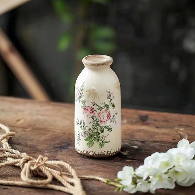 Ceramic Rustic Farmhouse Vase, Distressed Flower Vase for Home Decor, Ideal Shelf Decor, Boho Vase for Living Room Bedroom Kitchen Office Decor Centerpiece Table Decorations (6 inches)