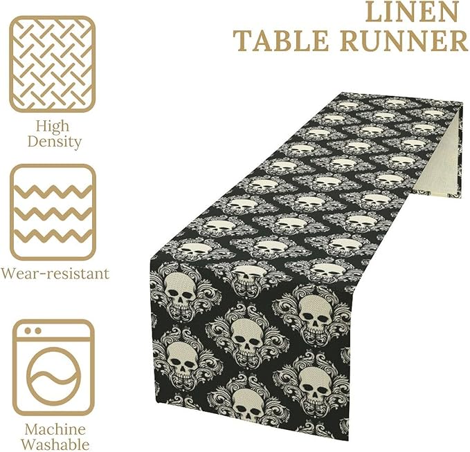 Gothic Table Runner,Dark Skull Pattern Table Runner for Home Kitchen Table Dining Garden Farmhouse Wedding Party Deco 13x36 Inch