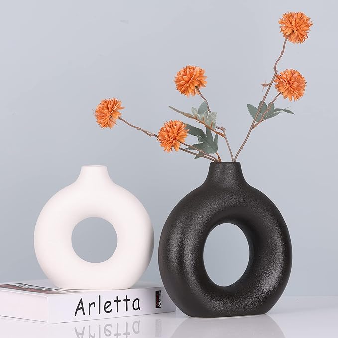 Black and White Vase Decor Donut Vase Set of 2 - Circle Hollow Vases, Modern Matte Ceramic Vases for Entryway Living Room Bedroom Dining Table Centerpiece Office Home Decor