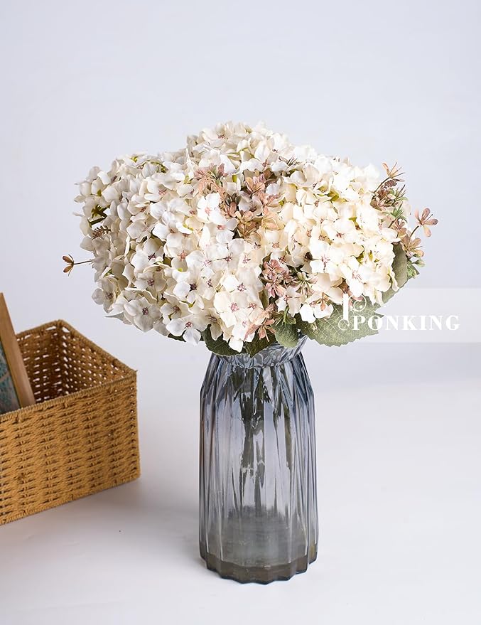 Hydrangea Artificial Flower 3pcs Realistic Faux Silk Hydrangeas Fake Flowers Bouquets Arrangements Decor for Wedding Spring Mother's Day, Home Table Decorations, White Flower