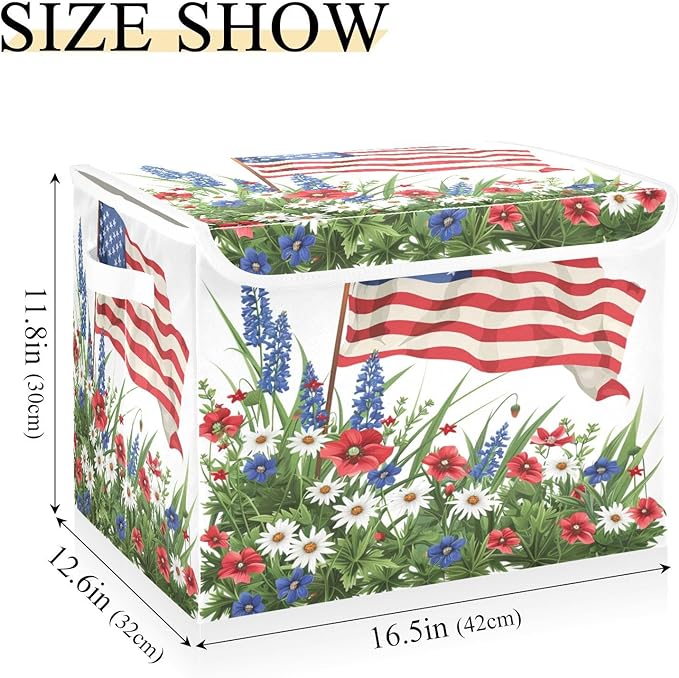 July Fourth Baskets Collapsible Storage Bins with Lids, Wildflowers American Flag Storage Boxes Clothes Baskets for Organizing