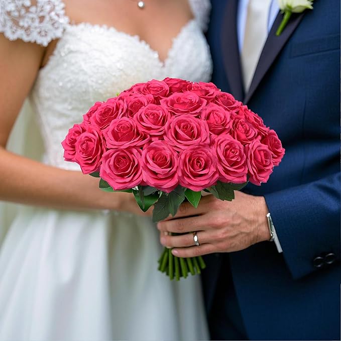 50pcs Artificial Rose Flower Hot Pink Rose Flower with Long Stem Silk Roses Bouquet for Wedding Bridal Shower Party Home Decoration