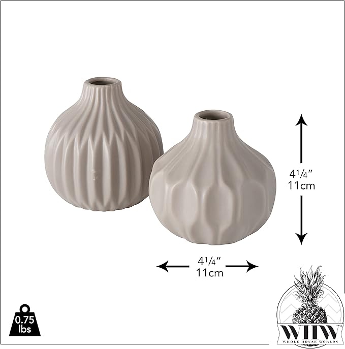 2 Piece Iconic Scandi Vase Set, Neutral Beige, Geometric, Stoneware, 4.25 Inches, Bud Flower Opening, Gourd Shape, Single Stem Vessel