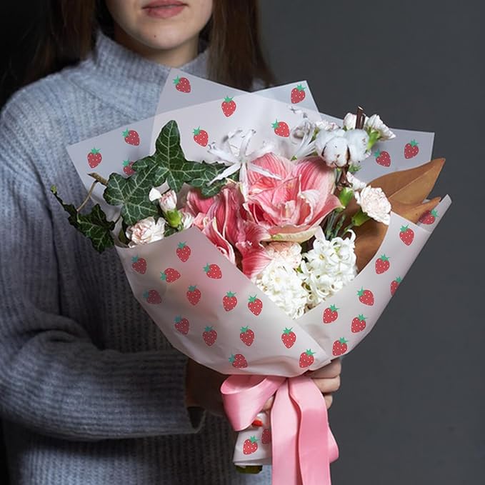 HLTOO 20 Sheets Flower Wrapping Paper, Bouquet Floral Packaging Paper with Strawberry Pattern, for Wedding, Party, Mother's Day, Birthday, and DIY Craft Florist Supplies (White)